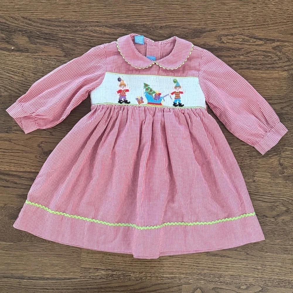 Anavini Red Gingham Smocked Embroidered Elf With Toys Dress New And Never Worn - Picture 1 of 15